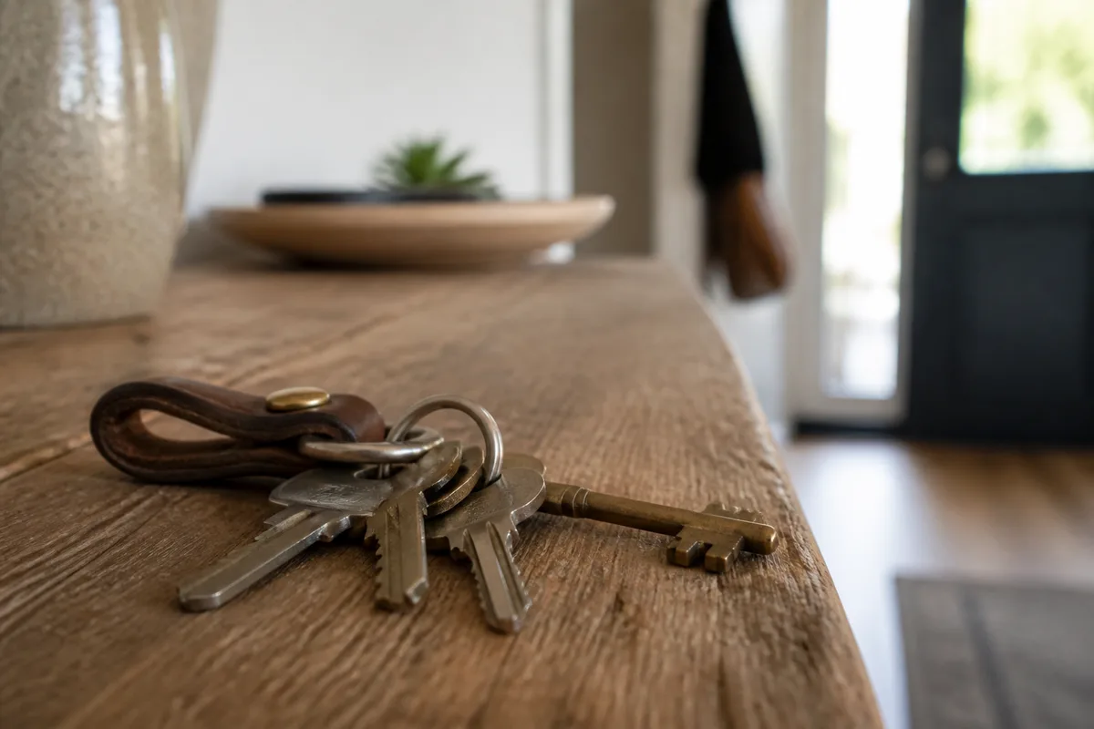 Trousseau de cles pose sur un plan de travail en bois pres d une porte d entree, lumiere naturelle du matin
