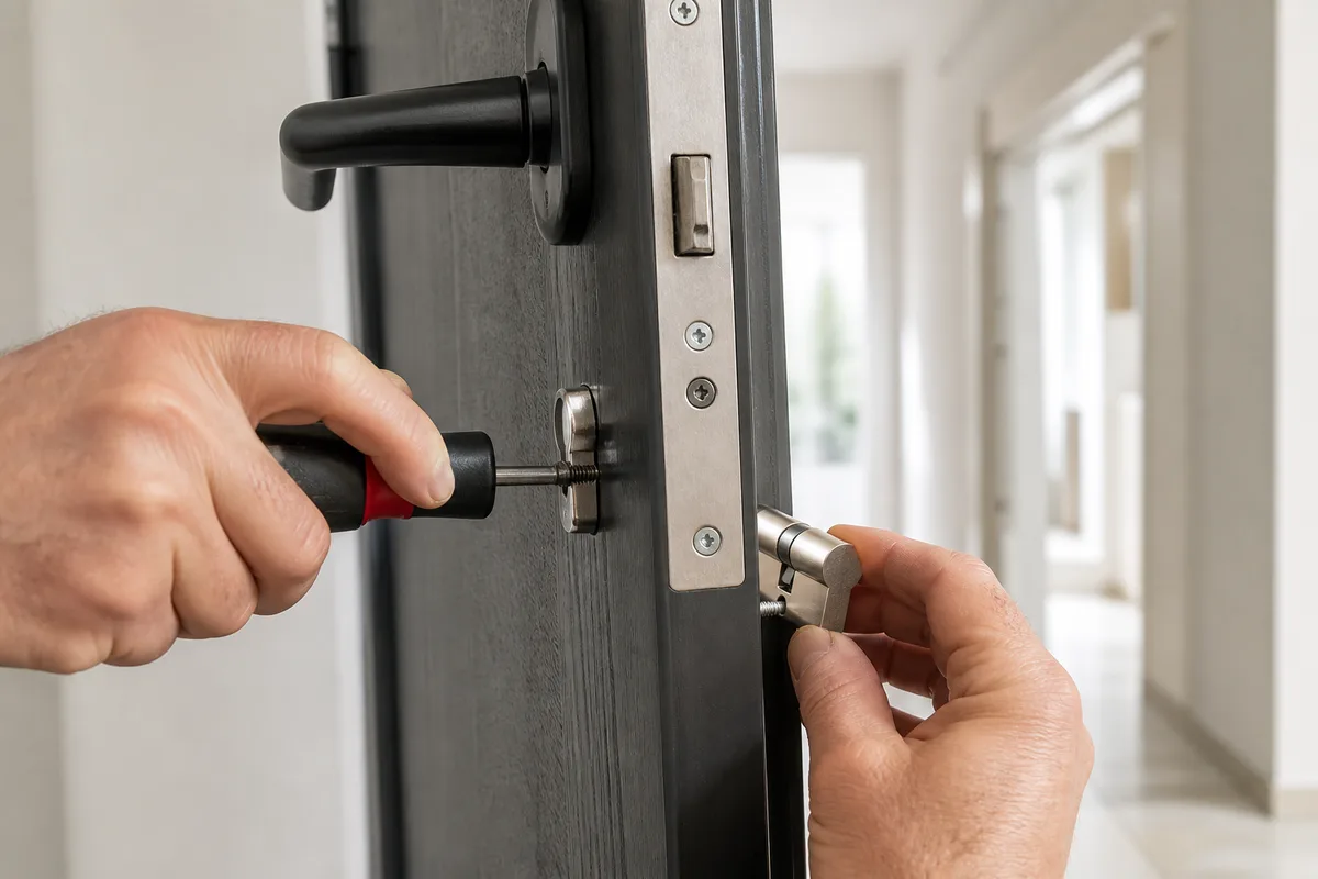 Serrurier installant un cylindre neuf sur le chant d une porte d entree, plan rapproche sur les mains et le tournevis