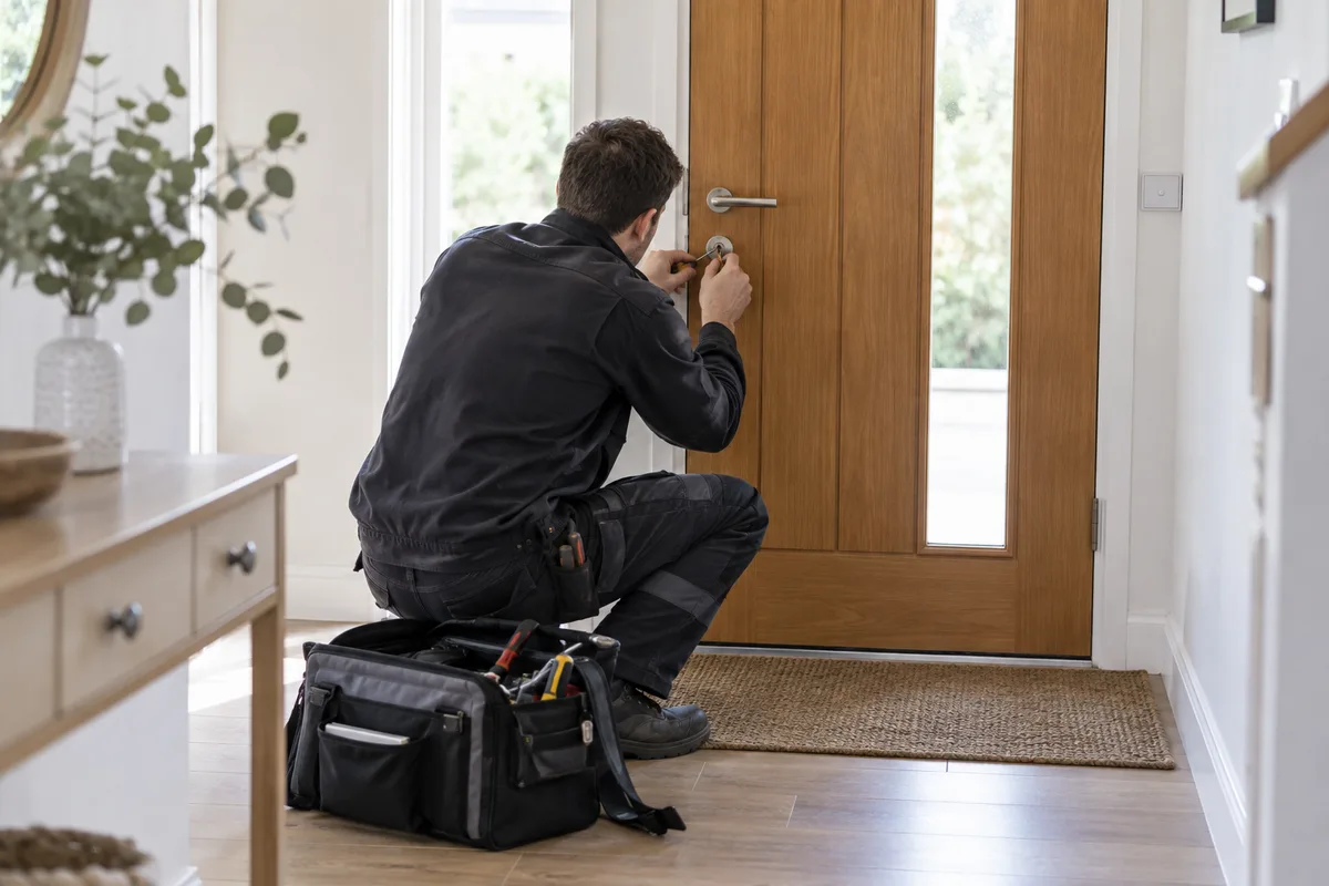 Serrurier examinant la serrure d&rsquo;une porte d&rsquo;entrée