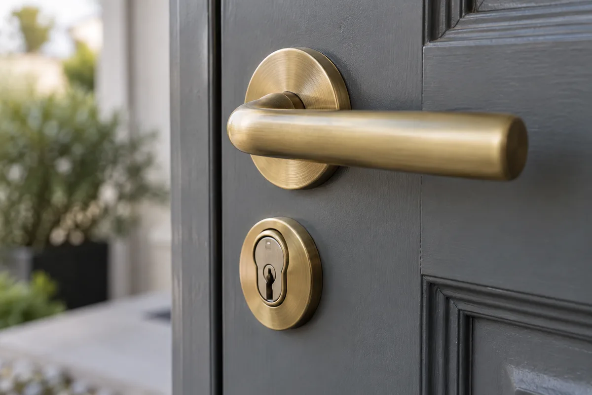 Cylindre et poignée d&rsquo;une porte d&rsquo;entrée en gros plan