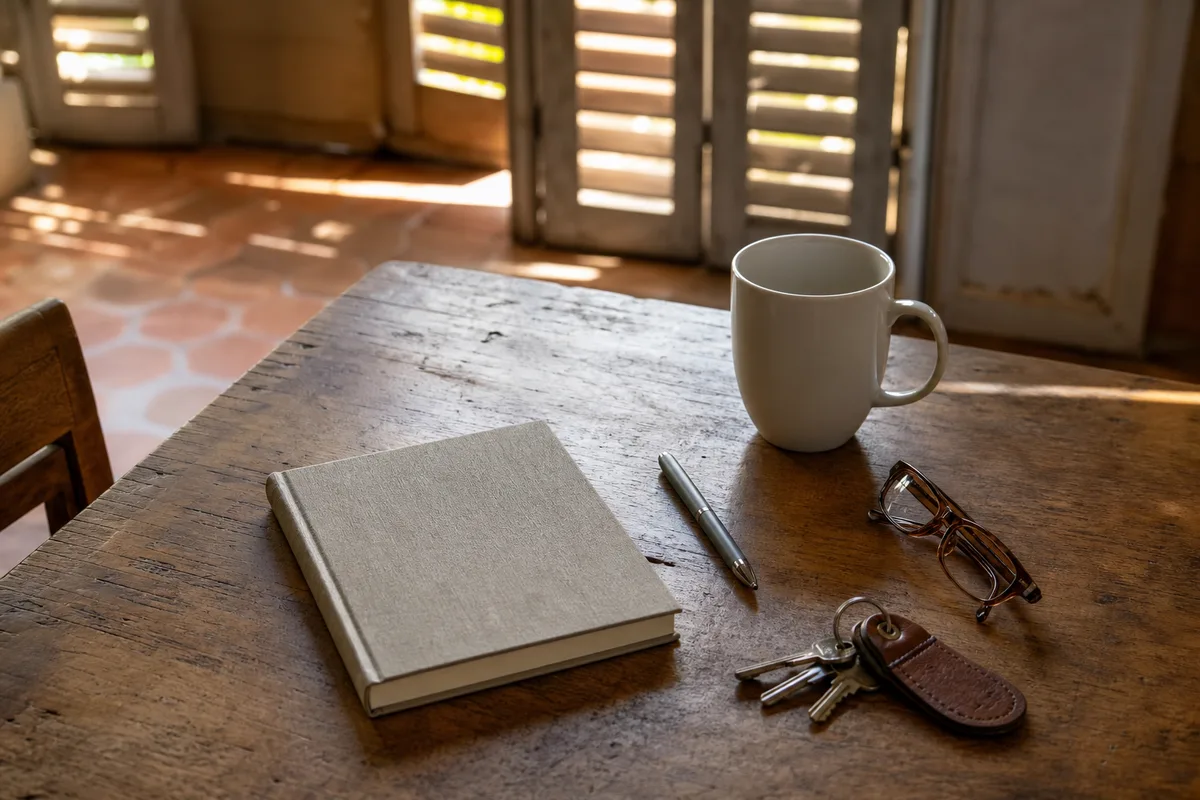 Carnet fermé, stylo, trousseau de clés et lunettes posés sur une table de cuisine provençale au matin