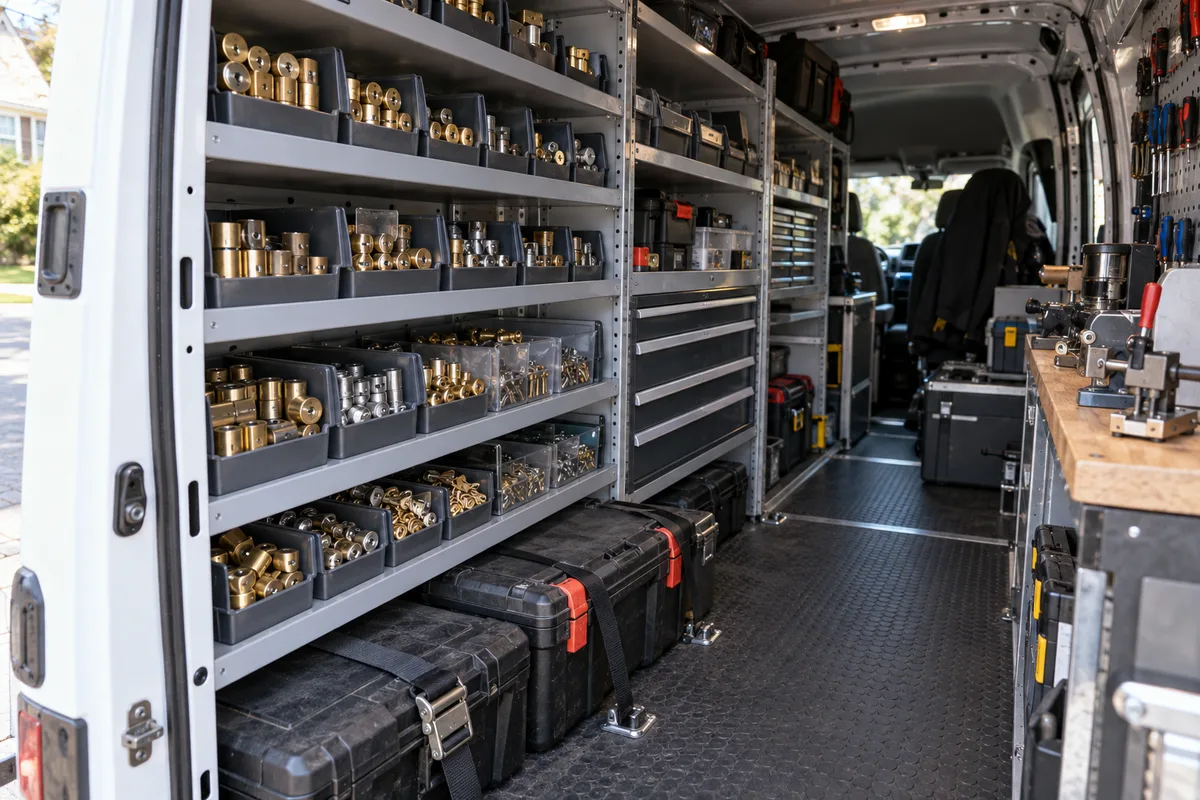 Casiers de cylindres et de serrures rangés dans un utilitaire
