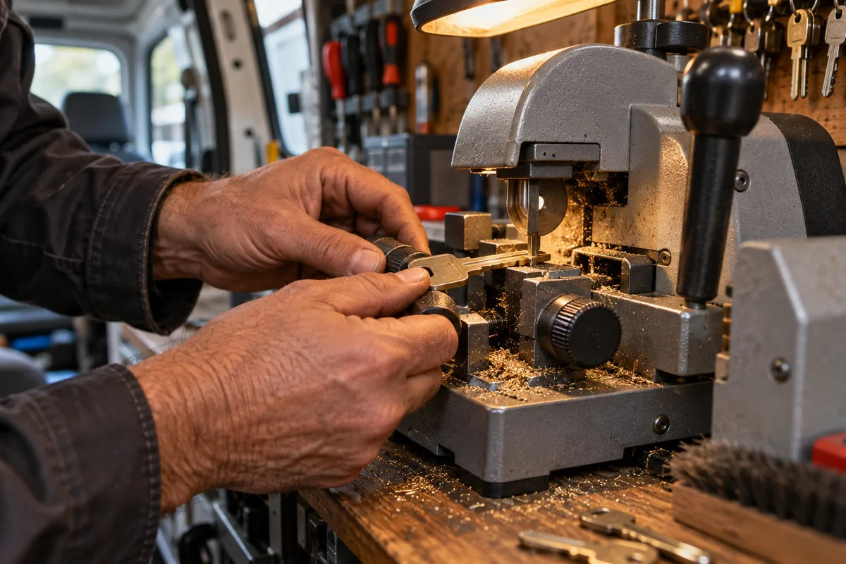 Machine à reproduire les clés fixée sur l&rsquo;établi d&rsquo;un fourgon