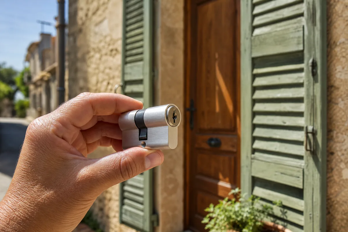 Main tenant un cylindre de serrure neuf devant une porte en bois provençale