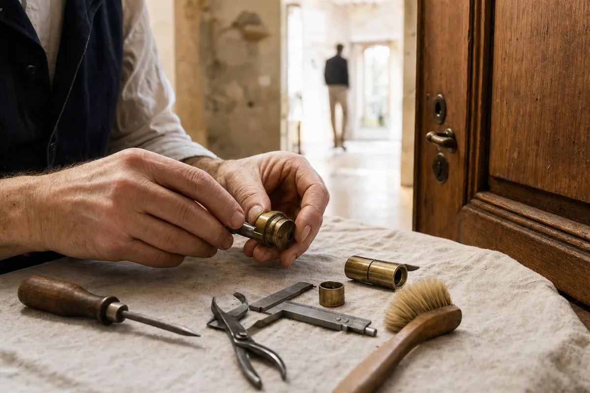 Détail d’un cylindre de serrure européen entre des mains d’artisan, lumière du matin