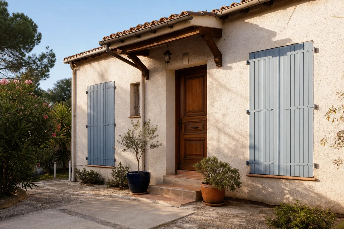 Façade d’un pavillon provençal avec porte d’entrée en bois et volets fermés, lumière méditerranéenne
