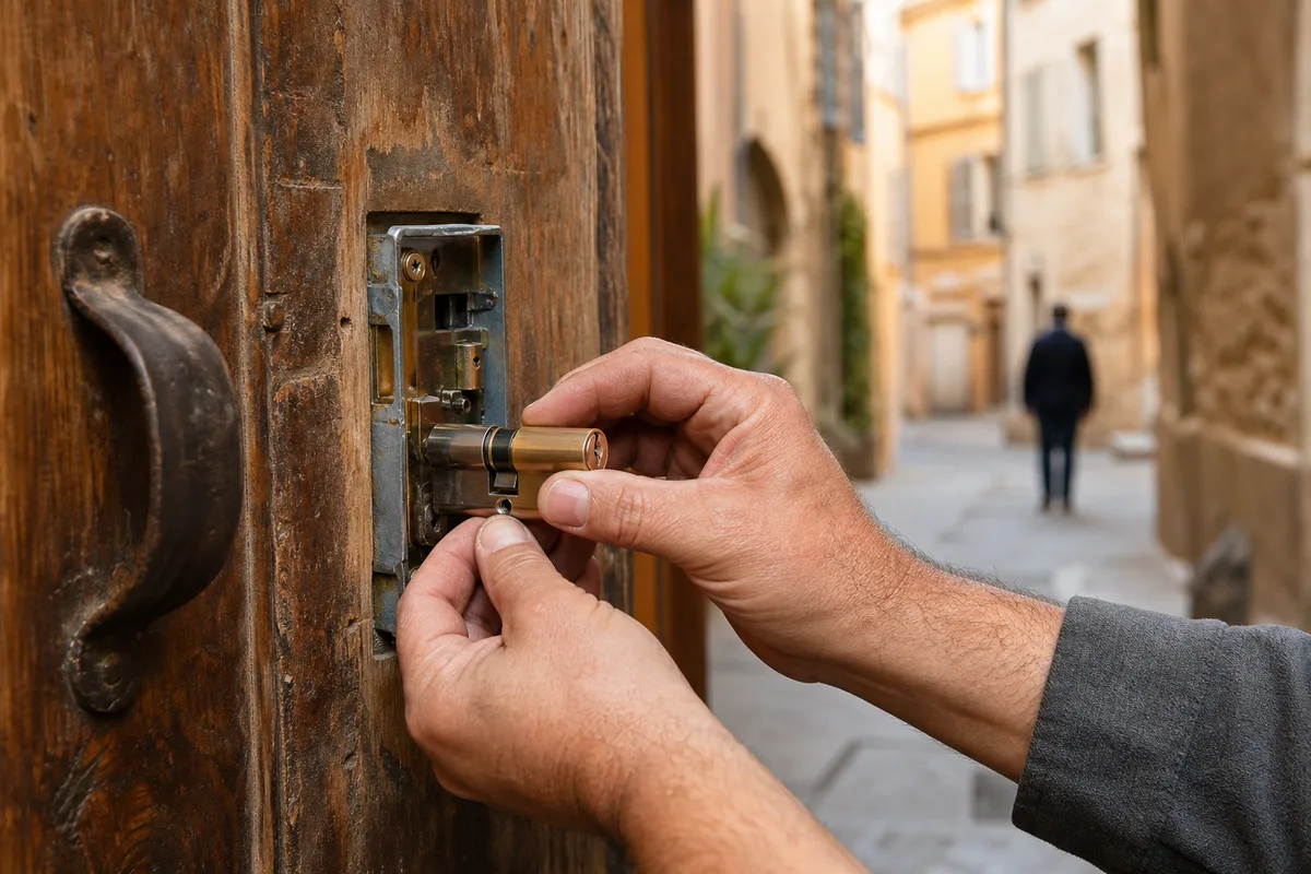 Mains d&rsquo;un serrurier réglant un cylindre de porte dans le centre ancien d&rsquo;Aubagne