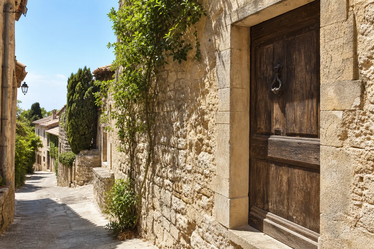 Ruelle du village perché de Châteauneuf-les-Martigues avec porte ancienne en bois