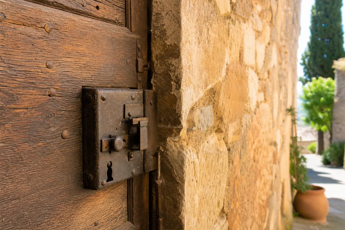 Porte en bois massif d’une maison ancienne du quartier de l’Hauture à Fos-sur-Mer