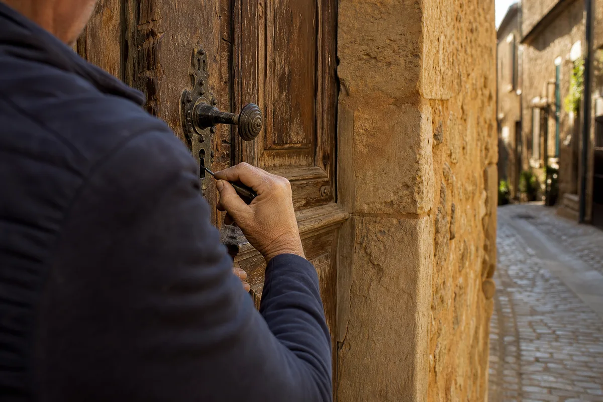 Mains d’un serrurier crochetant une porte en bois massif dans une ruelle de la cité minière de Biver