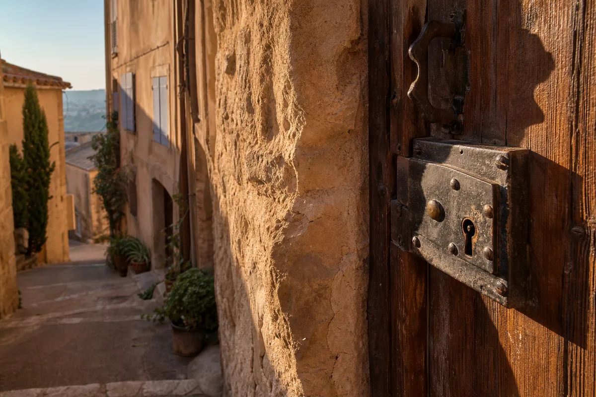 Ruelle du centre ancien d’Istres avec une porte en bois et sa serrure en applique