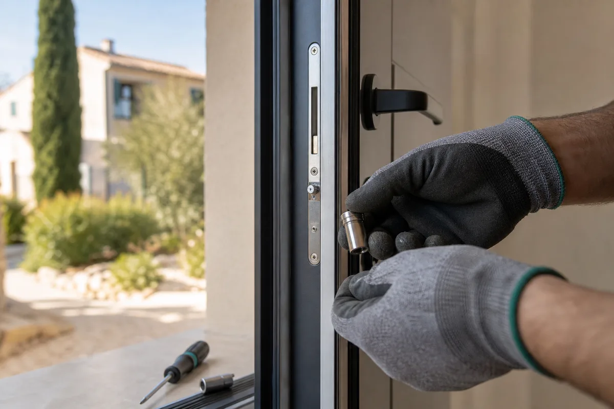 Mains d’un artisan remplaçant un cylindre européen sur une porte d’entrée