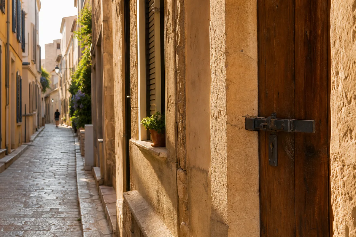 Ruelle ancienne du vieux La Ciotat avec porte en bois et serrure ancienne, lumière méditerranéenne