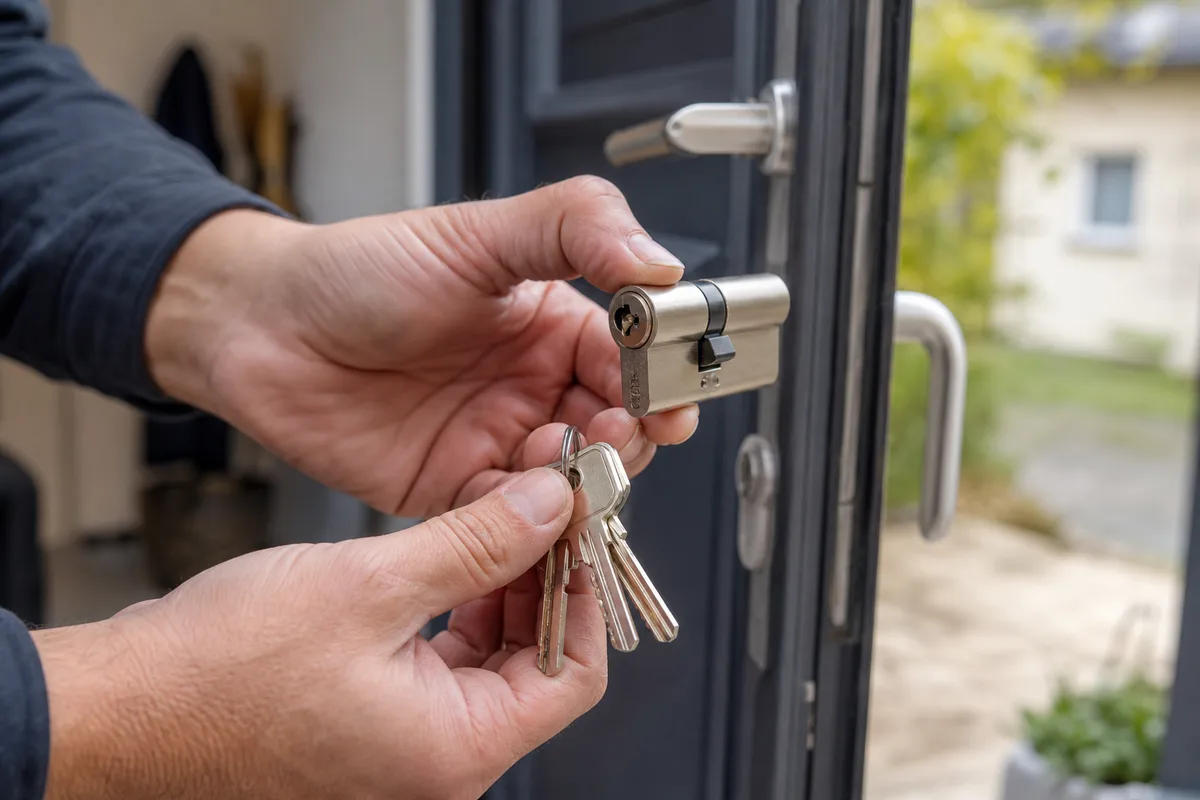 Mains manipulant un cylindre de serrure neuf près d’une porte d’entrée, lumière naturelle