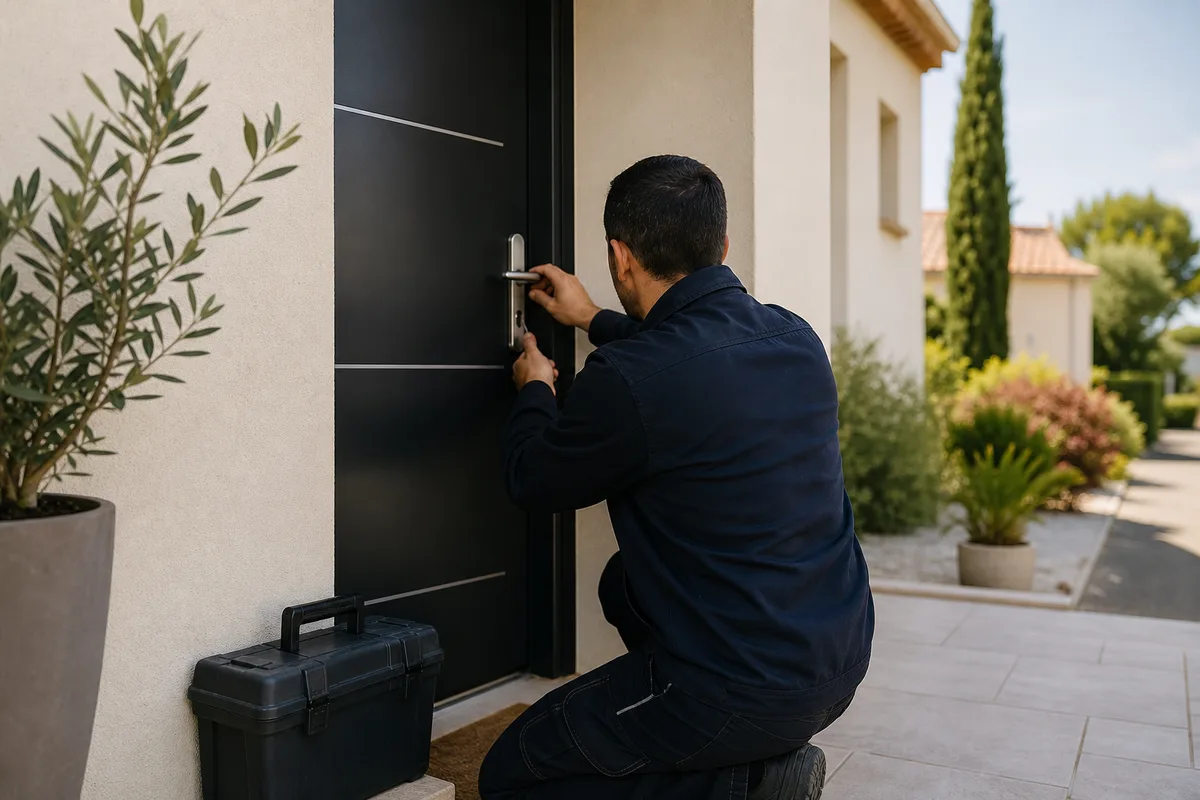Mains d&rsquo;un serrurier remplaçant un cylindre européen sur une porte baignée de lumière