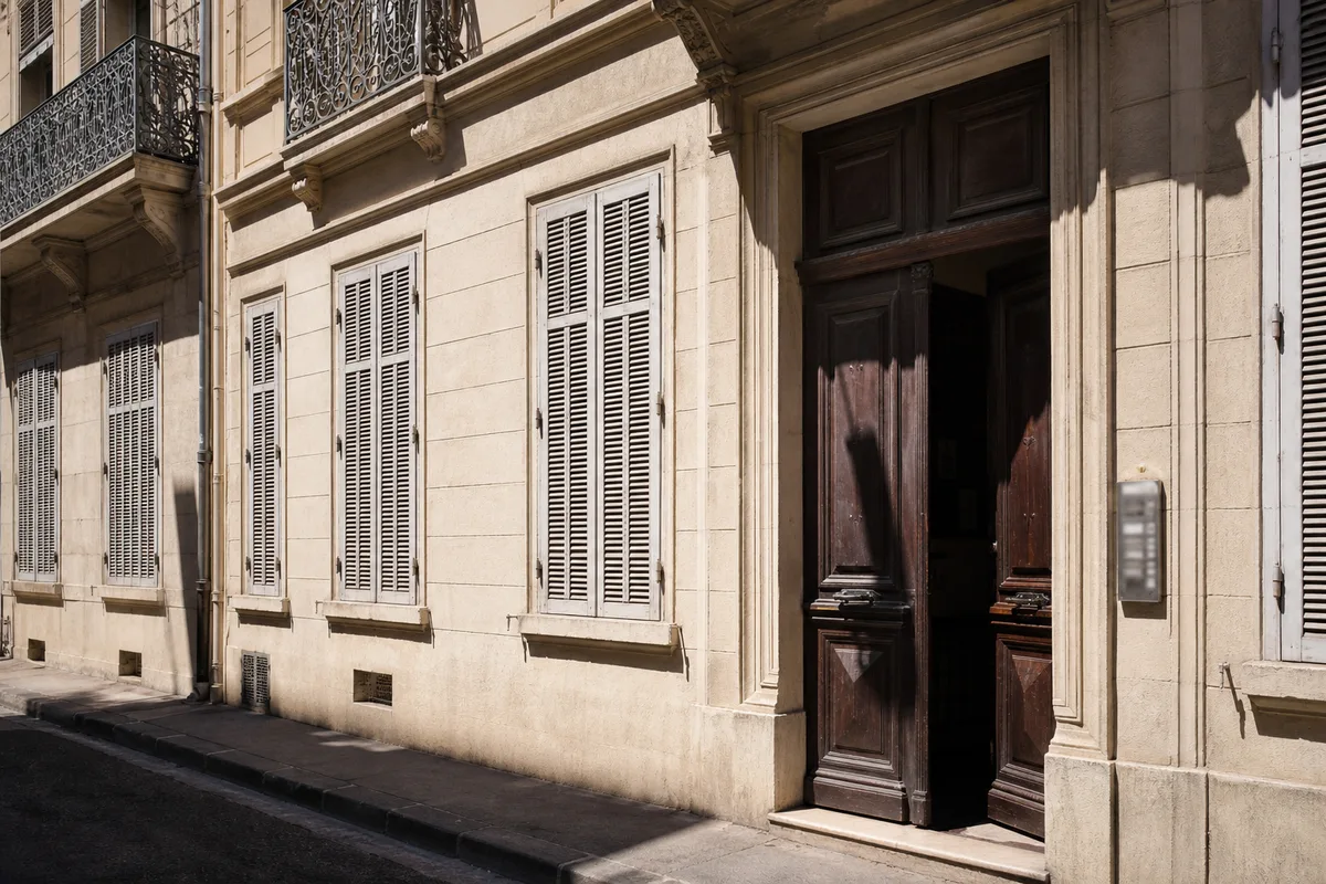 Façade d&rsquo;immeuble marseillais avec porte cochère ancienne et interphone