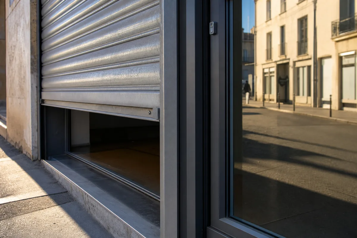 Rideau métallique de boutique et porte vitrée dans une allée commerciale provençale, lumière du matin