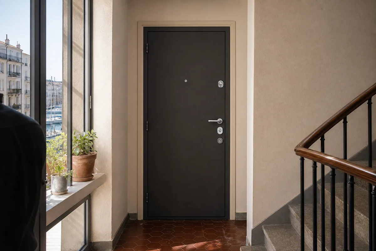 Porte blindée d’un hall d’immeuble en zone portuaire, lumière méditerranéenne