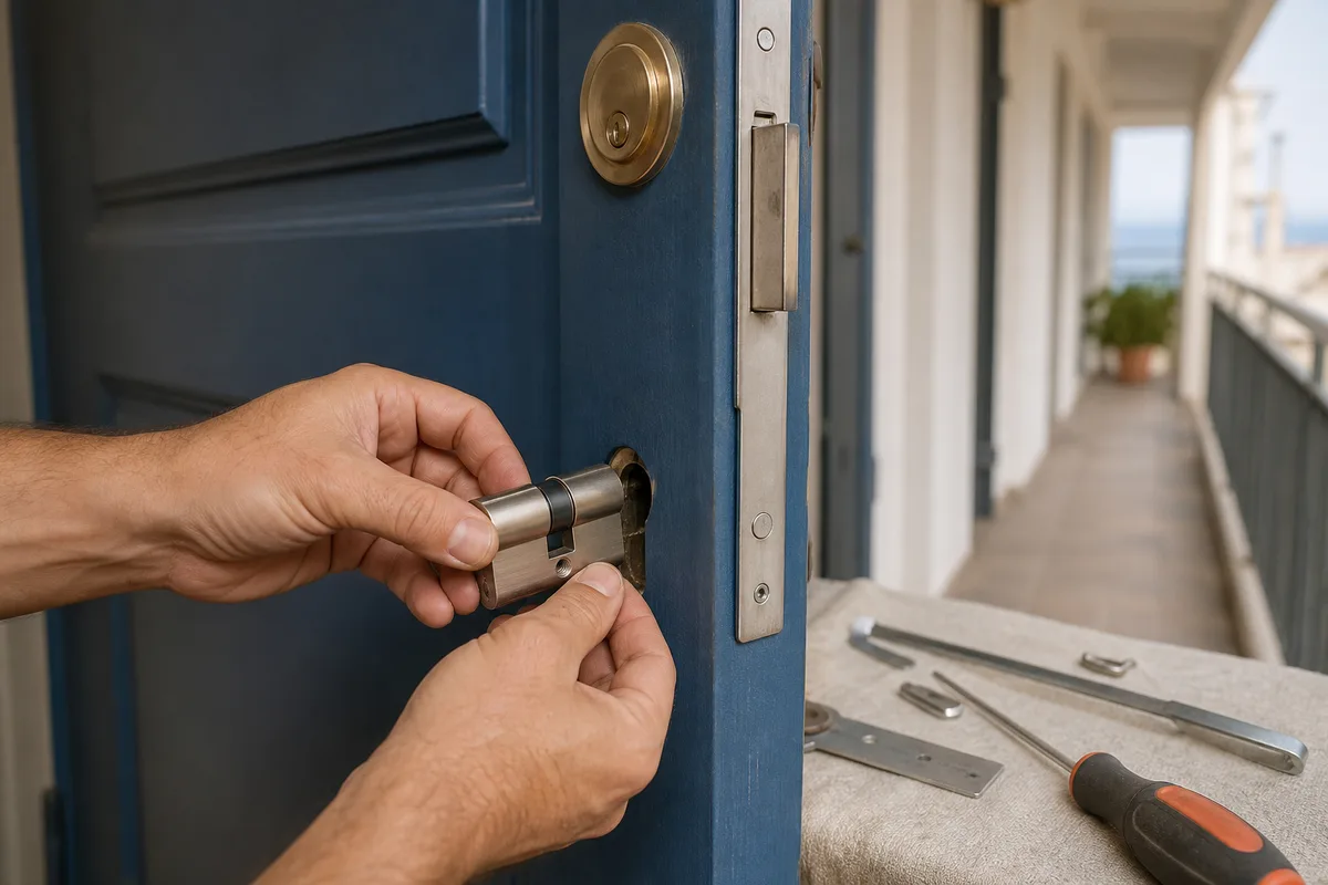 Serrurier changeant un cylindre de porte dans un immeuble, gros plan sur les mains