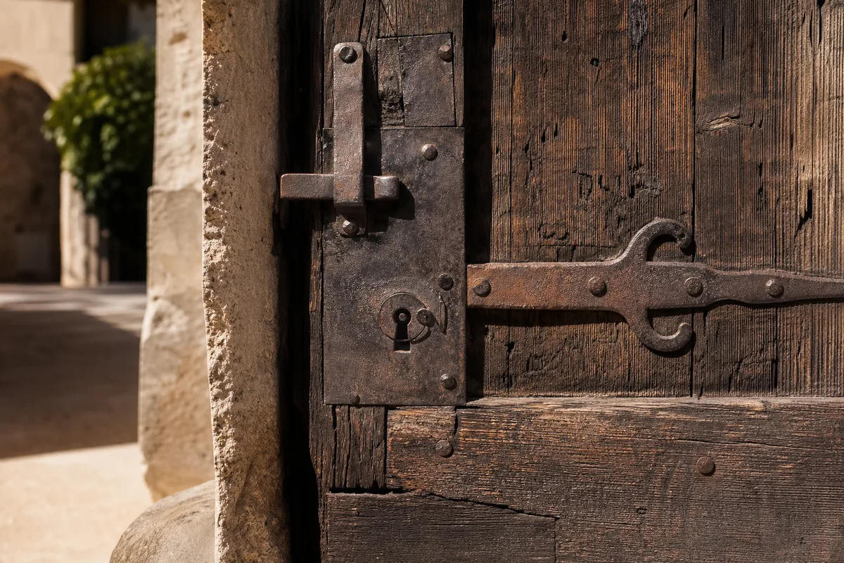 Porte ancienne en bois avec serrure métallique dans une ruelle du centre historique de Salon-de-Provence, lumière méditerranéenne