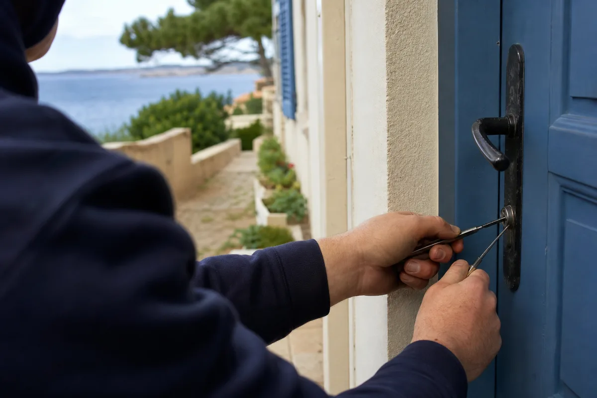 Serrure et poignée marquées par la corrosion marine sur une porte de villa à Sausset-les-Pins