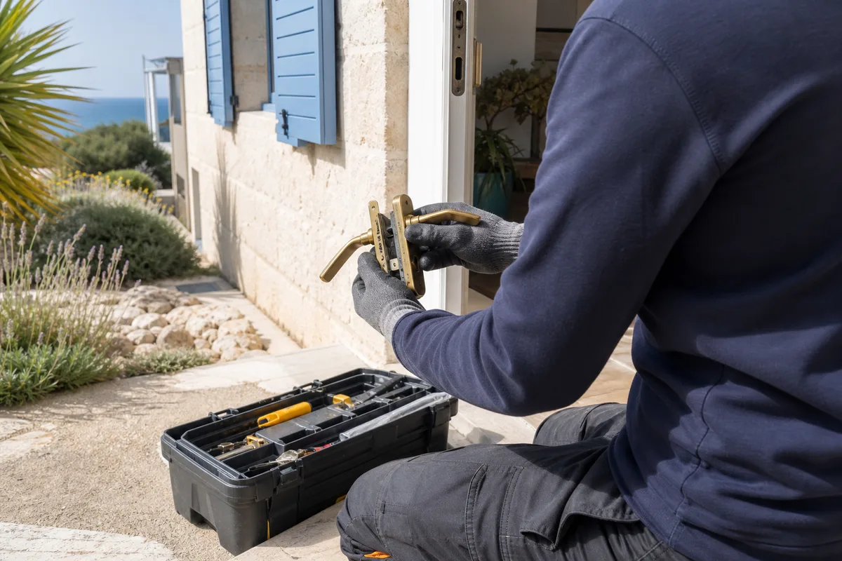 Mains d&rsquo;un serrurier remplaçant le cylindre d&rsquo;une porte de maison provençale